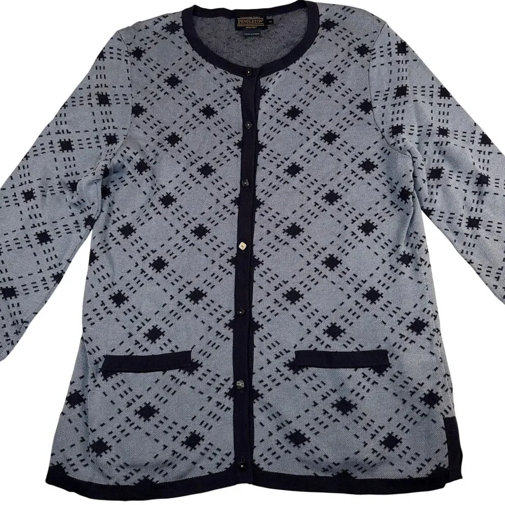 Pendleton Women’s Blue Navy Geometric Pattern Silk Cotton Button Cardigan Size M